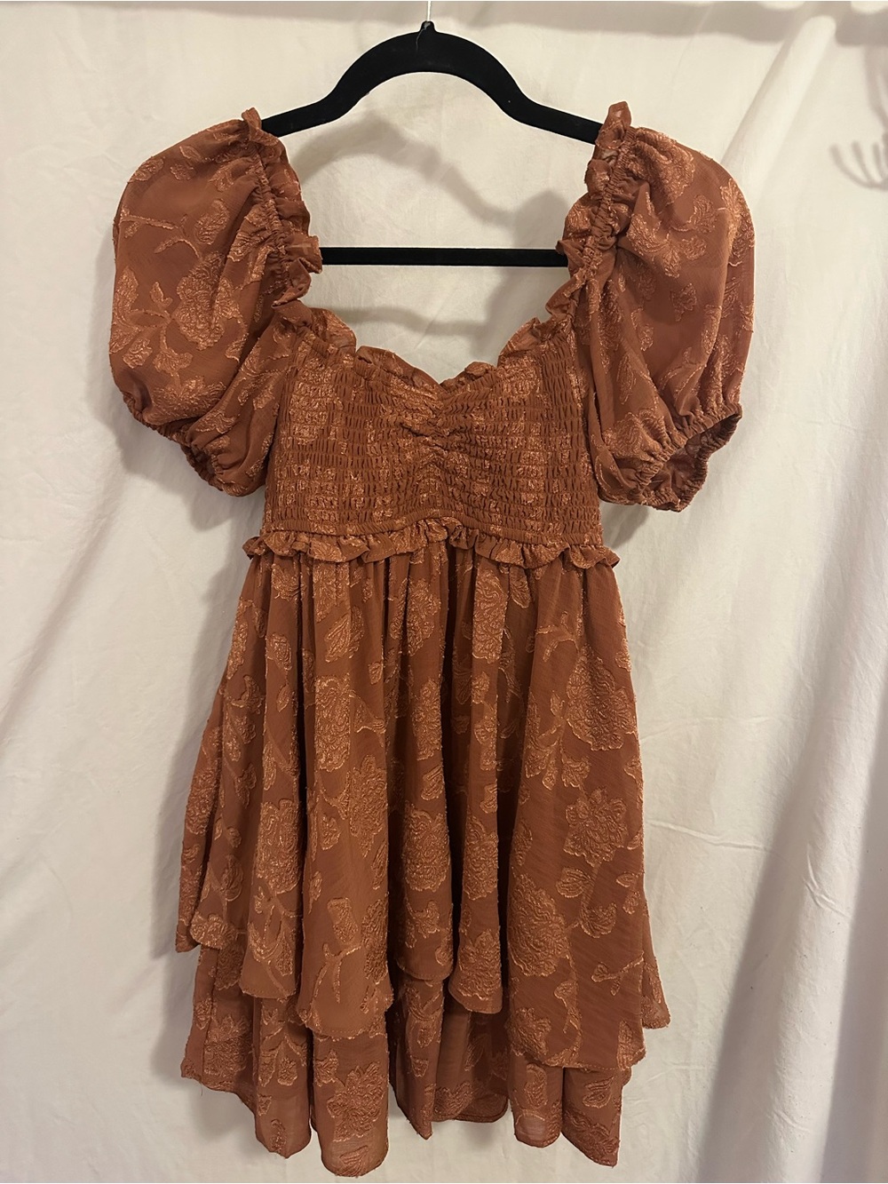 Altar'd State Rust Smocked Puff-Sleeve Tiered Mini Dress